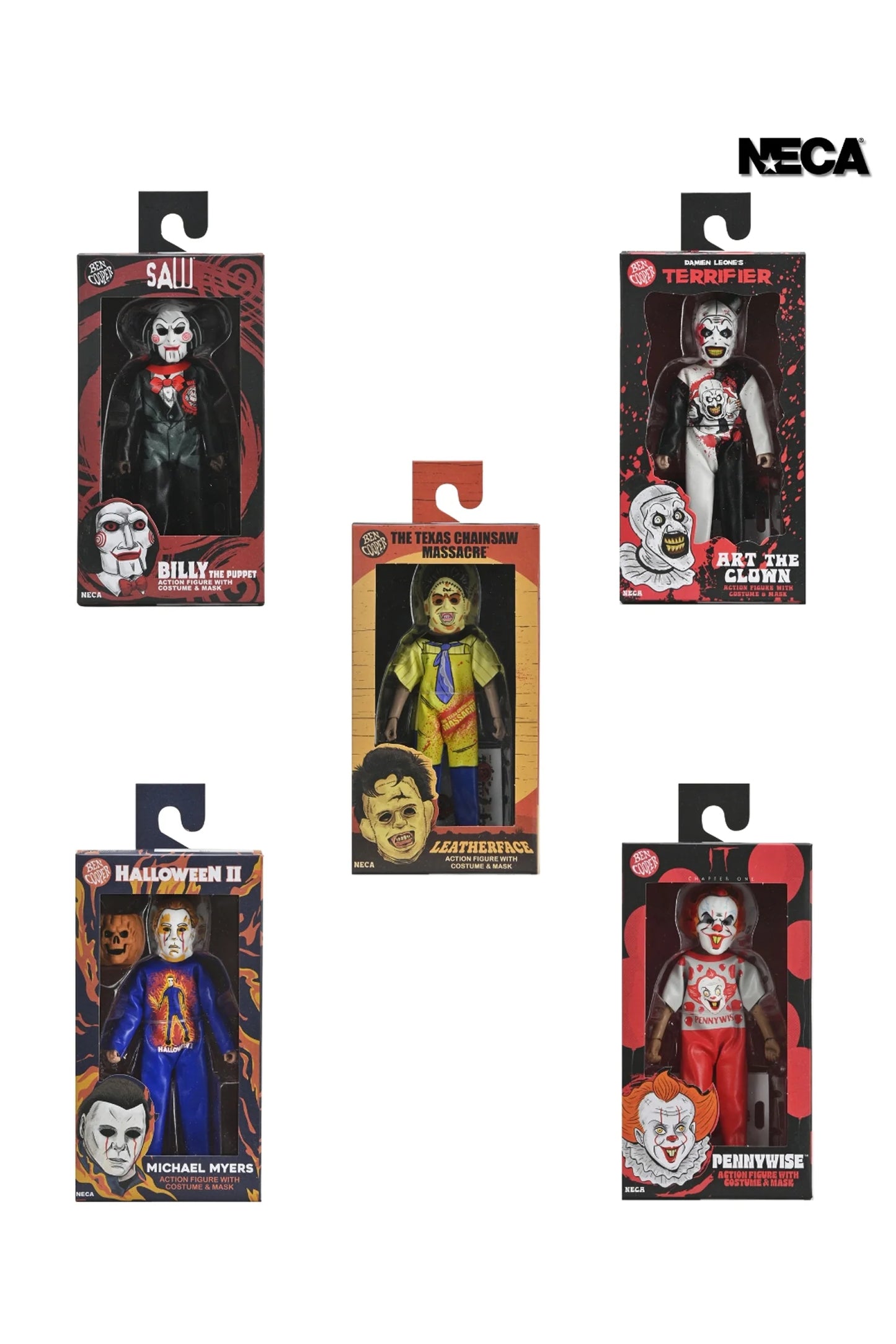 BEN COOPER COSTUME KIDS COLLECTION - SERIES 9 COSTUMED ACTION FIGURE BUNDLE (LEATHERFACE, MICHAEL MYERS, BILLY THE PUPPET, PENNYWISE & ART THE CLOWN)