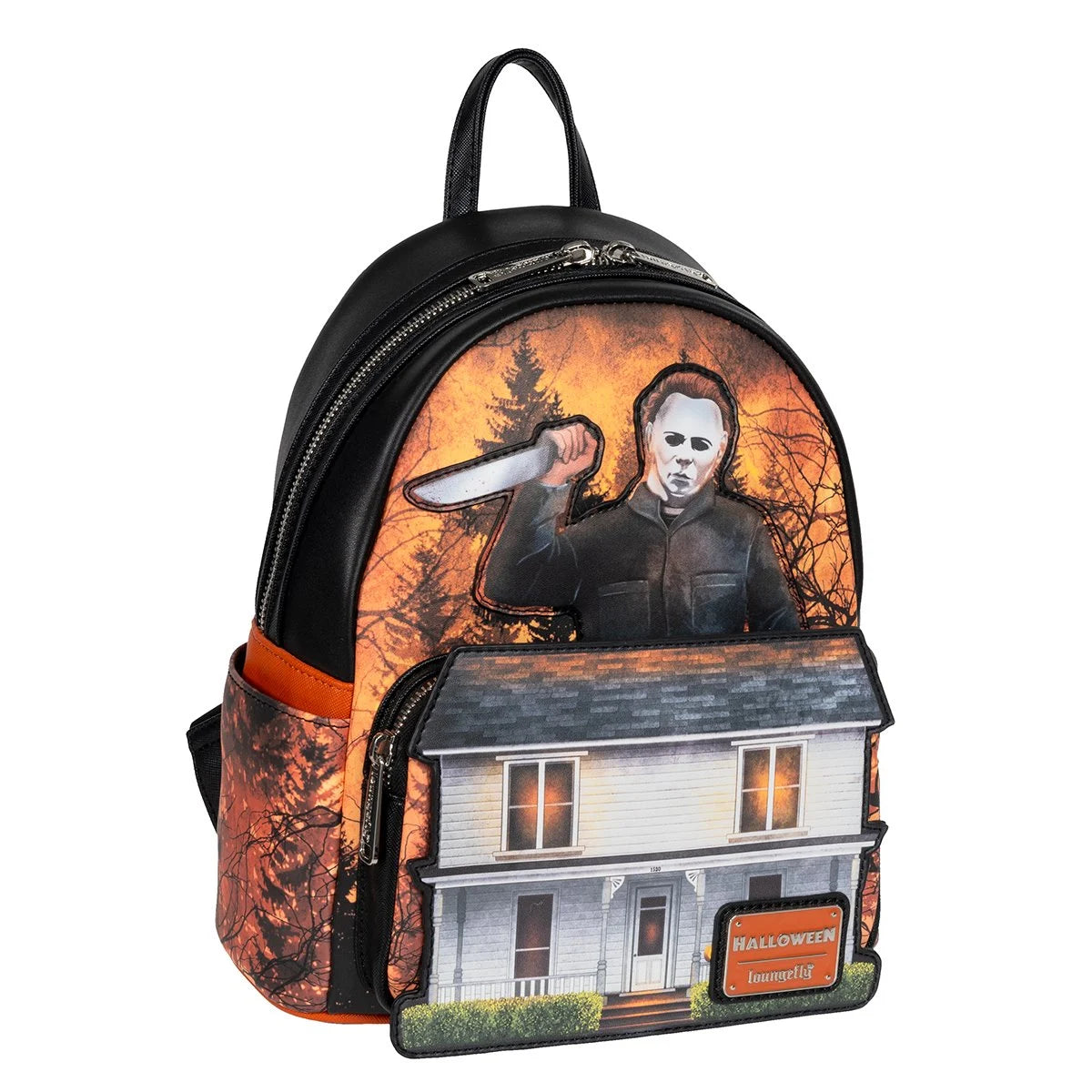 horror mini backpacks Loungefly Michael Myers Halloween Backpack backpack with removable coin bag features metallic Loungefly Warner Brothers Friday The