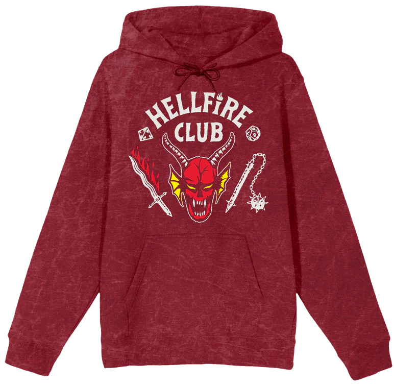 STRANGER THINGS HELLFIRE CLUB MEN’S RED MINERAL WASH LONG SLEEVE HOODED SWEATSHIRT