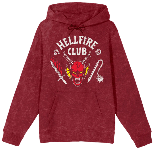 STRANGER THINGS HELLFIRE CLUB MEN’S RED MINERAL WASH LONG SLEEVE HOODED SWEATSHIRT
